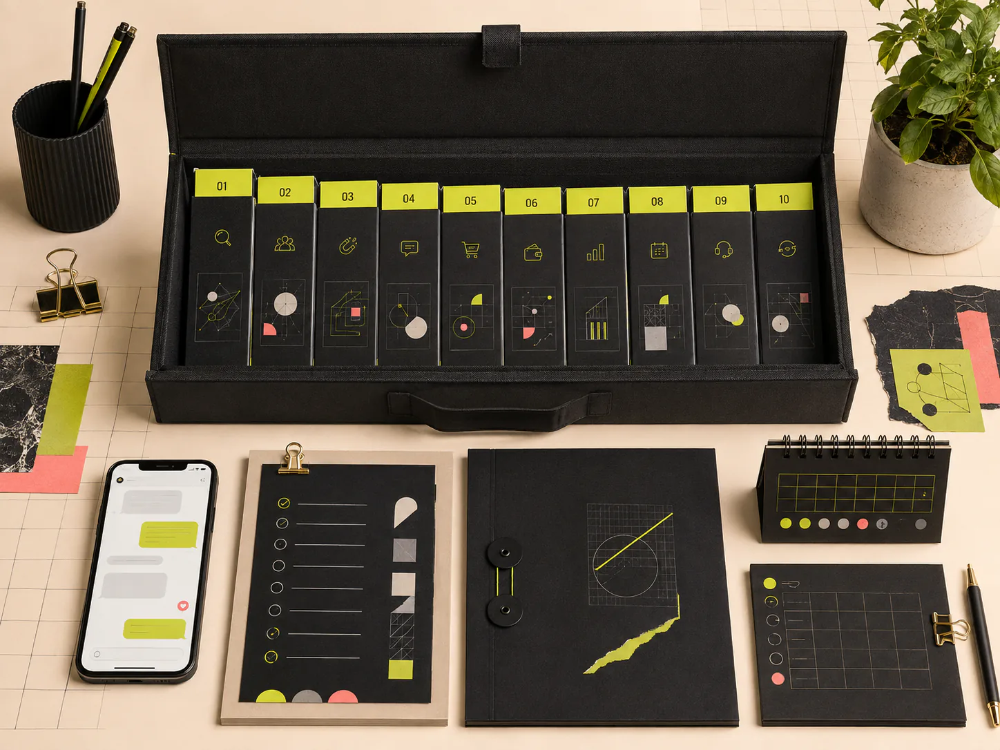 Kit visual com dez soluções comerciais, checklist, proposta e atendimento